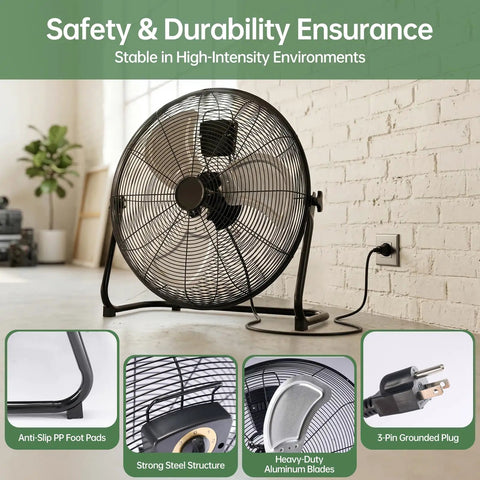 Beastly 20 Inch Industrial High Velocity Floor Fan with metal build shown in room setting, features durable blades and structure