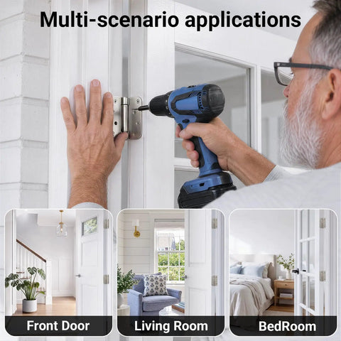 Heavy Duty 4 Inch Satin Nickel Self Closing Door Hinges featuring Tough As Nails adjustable tension installed on a front door.