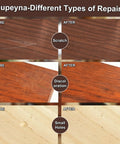 Your Solid Wood Furniture Repair Kit Packed With Twelve Rich Colors Of Tough Touch Up Filler To Easily Hide Scratches And Dings For Quick Laminate And Hardwood Fixes In Zero Time No Sweat before and after wood repairs showing scratches and discoloration.