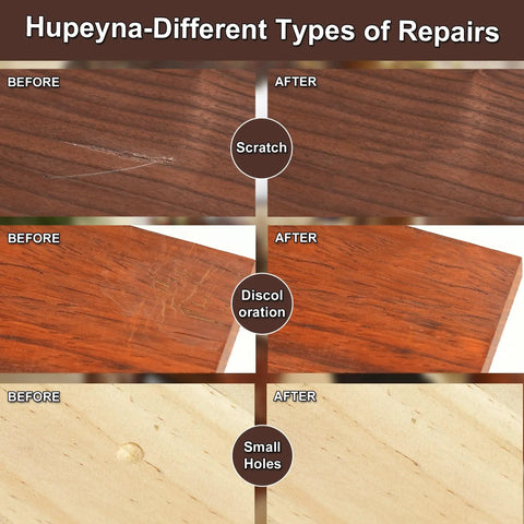 Your Solid Wood Furniture Repair Kit Packed With Twelve Rich Colors Of Tough Touch Up Filler To Easily Hide Scratches And Dings For Quick Laminate And Hardwood Fixes In Zero Time No Sweat before and after wood repairs showing scratches and discoloration.