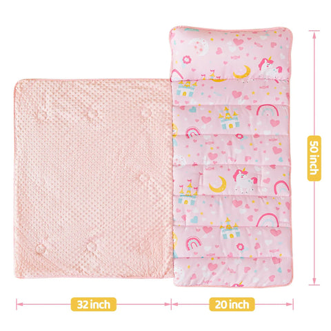 Pink Princess Toddler Nap Mat For Preschool Girls With Removable Blanket And Pillow Unicorn Castle Pattern Slumber Bag