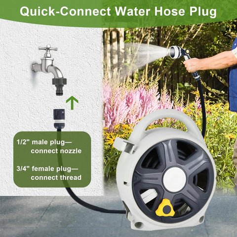 Workhorse Retractable Garden Hose Reel With 60 Ft 1/2 Inch Hose And 10 Pattern Sprayer next to faucet setup guide, leakproof and durable.