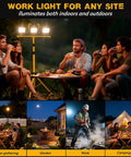 Premium 21000 Lumen Led Work Light With Retractable Tripod Stand And Extended 16 Foot Power Cord, versatile for outdoor dinner and camping.