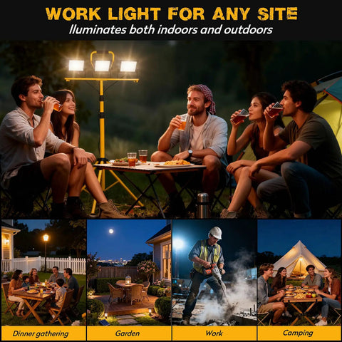 Premium 21000 Lumen Led Work Light With Retractable Tripod Stand And Extended 16 Foot Power Cord, versatile for outdoor dinner and camping.