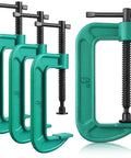4 Piece 8 Inch Beefy Heavy Duty C Clamp Set With Sliding Jaw For Woodworking And Metalworking Deep Throat Up To Three Eighths Inches 5900 Pound Clamping Capacity Rust Resistant Cast Iron G Clamps For DIY Carpentry Welding And Building Projects Green