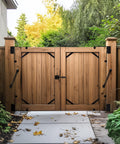 Wooden gate with No Sag Gate Kit With Self Closing Hinges And Corner Brackets for outdoor garden, showing hinges and hardware.