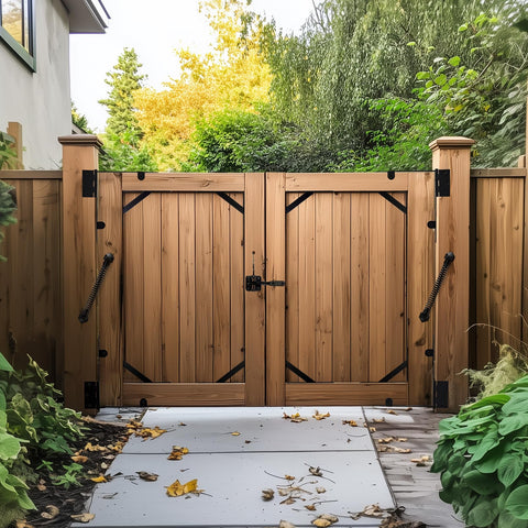 Wooden gate with No Sag Gate Kit With Self Closing Hinges And Corner Brackets for outdoor garden, showing hinges and hardware.