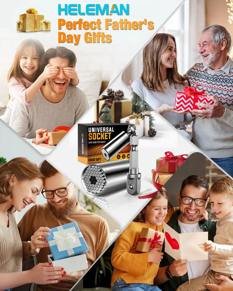 Universal Socket Tool Set With Power Drill Adapter 7 To 19 mm Gift For Him shown with families exchanging gifts