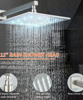 Brushed Nickel Shower System With 12 Inch LED Rainfall Shower Head emitting water, featuring stainless steel material.