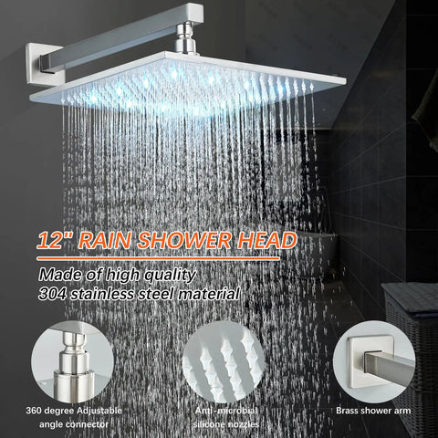 Brushed Nickel Shower System With 12 Inch LED Rainfall Shower Head emitting water, featuring stainless steel material.