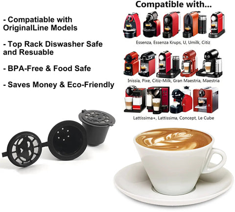 Refillable Coffee Pods For OriginalLine Machines Reusable Capsules Pack Of 6 shown beside compatible coffee machines and cappuccino cup