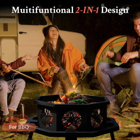 35 Inch Octagonal Wood Burning Fire Pit With Rectangular Cooking Grill 26 Inch Long And 10 Inch Wide for camping bonfires.