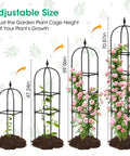 Diagram showing adjustable sizes of Two Pack Garden Obelisk Trellis For Climbing Plants 71 Inch Tall Metal Heavy Duty Rustproof Plant Support Rose Trellis Tower Garden Cage For Flowers Fruits Vegetables Vines Indoor And Outdoor Black Four Tier Adjustable Height with different height settings.