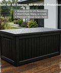 Beefy 258 Gallon Resin Deck Box With Lockable Patio Storage on wooden deck, waterproof tool box for backyard