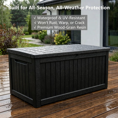 Beefy 258 Gallon Resin Deck Box With Lockable Patio Storage on wooden deck, waterproof tool box for backyard