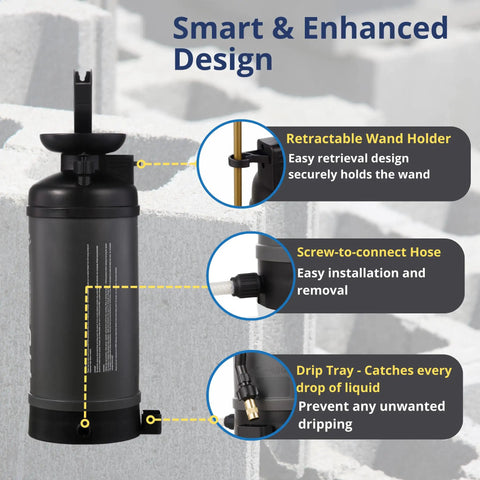 Close-up of Air Booster 603 Concrete Sprayer Battery Powered Construction Sprayer, showing retractable wand holder and drip tray.