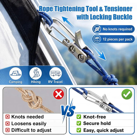 12 Pack Rope Tightening Tools With Locking Tensioners Set For Camping Boating Tents And Vehicle Cargo blue tensioner and rope