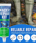 Image showing Flexible Waterproof Wader Patch Kit for fixing rips, tears, holes in boots with adhesive and wader in water.