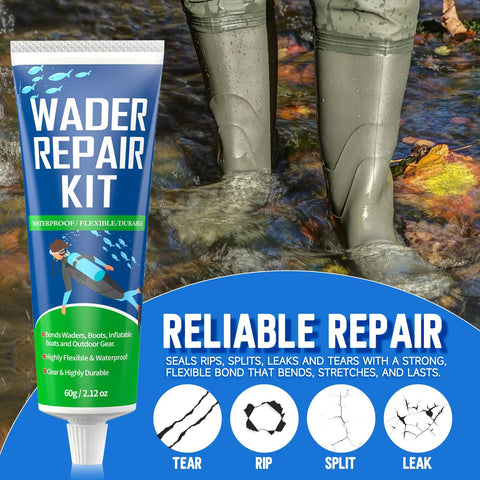Image showing Flexible Waterproof Wader Patch Kit for fixing rips, tears, holes in boots with adhesive and wader in water.
