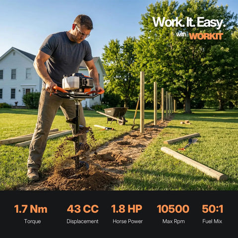 Man using Gas Powered 43Cc Post Hole Digger with 8 Inch Auger Bit in garden for fence post landscaping