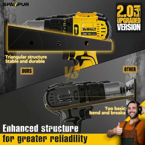 Comparison of DeWALT drill on Power Tool Organizer Wall Mount Rack vs competitor, illustrating enhanced stability and durability.