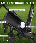 Ultralight Aluminum Golf Push Cart With Quick Snap One Click Fold Design And Large Ten Inch All Terrain Wheels That Glide Hella Smooth On Any Clubhouse Course showing storage compartment and cup holder.