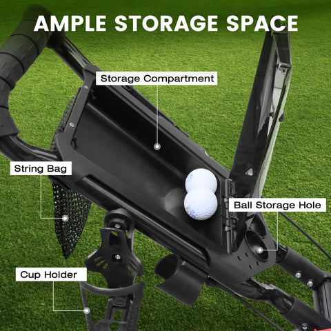 Ultralight Aluminum Golf Push Cart With Quick Snap One Click Fold Design And Large Ten Inch All Terrain Wheels That Glide Hella Smooth On Any Clubhouse Course showing storage compartment and cup holder.