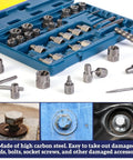 36 Piece Screw And Bolt Extractor Kit With 2 In 1 MultiSpline Lug Nut Remover in blue carrying case, with steel components for damaged bolts.