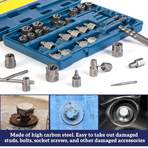 36 Piece Screw And Bolt Extractor Kit With 2 In 1 MultiSpline Lug Nut Remover in blue carrying case, with steel components for damaged bolts.