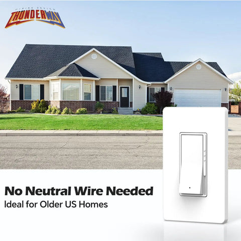 Five Pack Slide Dimmer Switch For Dimmable LED CFL Lights Up To 300W And Incandescent Or Halogen Up To 700W Works As Single Pole Or 3 Way Wall Plate Included ETL Listed White in front of a suburban house.