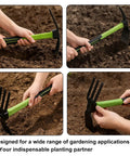 Heavy Duty Garden Hoe And Hand Rake Set With Non Slip Handles Including A Handy Pick Axe in use for weeding and digging