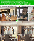 Comparison of Dimmable E26 LED Bulb 6W Equal 60W vs competitor in dining room setting, showcasing non-flicker and non-buzzing features.