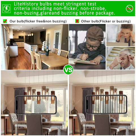 Comparison of Dimmable E26 LED Bulb 6W Equal 60W vs competitor in dining room setting, showcasing non-flicker and non-buzzing features.