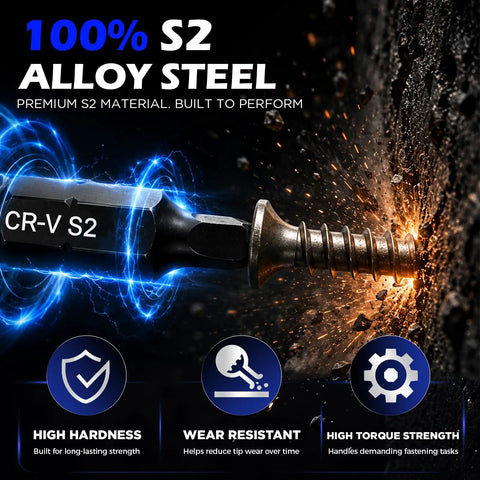 Ultimate 26-Piece Ratcheting Screwdriver Bit Set With S2 Steel Bits, Magnetic Driver And Telescopic Rod Perfect For Any Garage, Home Repair Or DIY Project That Demons High Performance And Reliability. S2 alloy steel bit close-up