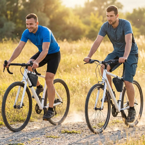 Two cyclists riding on gravel path with Water Resistant Reflective Bike Frame Storage Bag Triangle Bag With Two Side Pockets Strap On Under Seat Tool Pouch For Mountain And Road Bikes 2L Capacity Durable visible on bikes.