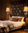 Cozy Farmhouse Vibe Antlers Floor Lamp With Night Light, Faux Leather Bell Shade in rustic bedroom setting