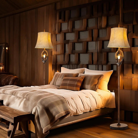 Cozy Farmhouse Vibe Antlers Floor Lamp With Night Light, Faux Leather Bell Shade in rustic bedroom setting