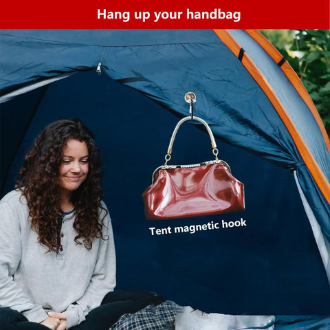 Two Pack Heavy Magnetic Hooks For Outdoor Use, Premium Neodymium Tent Hooks With 15-Pound Capacity holding a handbag in tent
