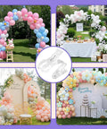Clear Balloon Arch Clips Set with 10 large transparent spring clips and 12 smaller clamps on colorful balloon arches.