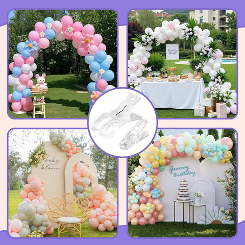 Clear Balloon Arch Clips Set with 10 large transparent spring clips and 12 smaller clamps on colorful balloon arches.