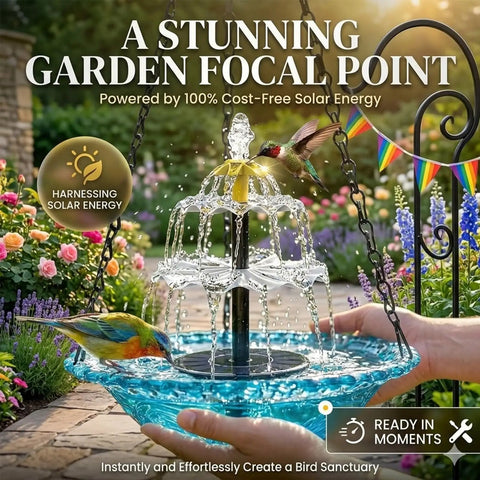 Solar Powered Hanging Bird Bath Fountain With Cascading Water Feature For Gardens And Patios, Easy Setup Outdoor Bird Bath For Birds, Decorative Flowing Water Yard Vibes, No Wires Sun Powered Pump installed in a garden with birds.