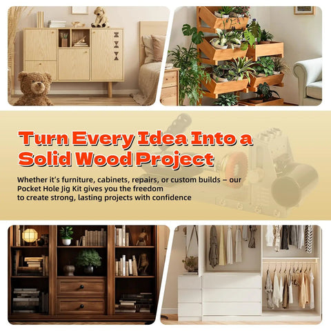 Furniture and plants showcasing Pocket Hole Jig Kit With Vacuum Dust Collection, All Metal Pro Grade Build for woodworking.
