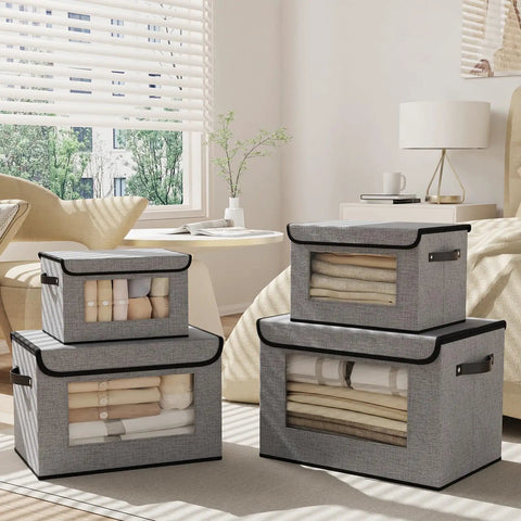 Fabric Storage Bins With Lids 5 Pack Decorative Closet Organizers For Shelves Gray 15 X 9.8 X 9.8 Inches With Clear Front Window And Handles
