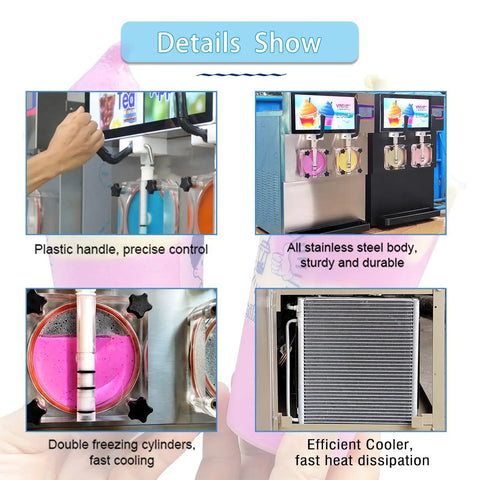 Commercial Dual Tank Ice Slush Machine For Top Shelf Margaritas And Creamy Milkshakes With Smart Freeze Tech and visible plastic handle for precise control.