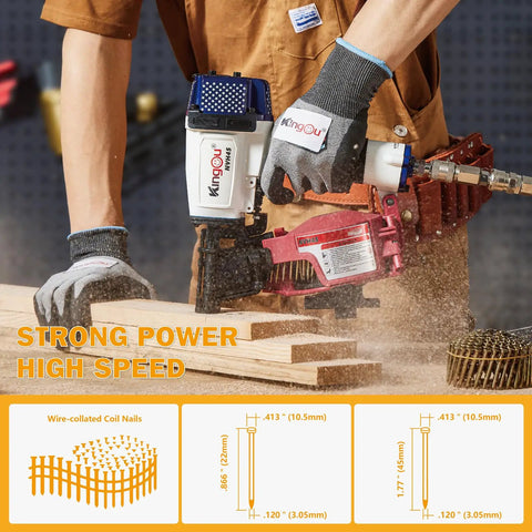 Badass Heavy Duty Roofing Nail Gun Built With Heat Treated Alloy Nose For Serious Shingle Installations And Residential Builds That Delivers Sick Performance On Every Busy Job Site Project in action driving nails into wood.