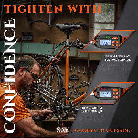 Mechanic using Three Eighths Inch Digital Torque Wrench With LED Flash And Buzzer Alerts on bicycle, display shows torque readings.