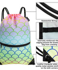 Colorful Fish Feather Drawstring Backpack Sackpack For Gym And Everyday Use, Lightweight Polyester Bag With Sturdy Drawcord Straps, Quick Access Zipper Pocket, Easy To Clean, Grab And Go Convenience, showing details of strings and reinforced corners.