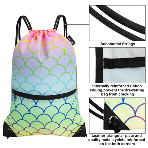 Colorful Fish Feather Drawstring Backpack Sackpack For Gym And Everyday Use, Lightweight Polyester Bag With Sturdy Drawcord Straps, Quick Access Zipper Pocket, Easy To Clean, Grab And Go Convenience, showing details of strings and reinforced corners.