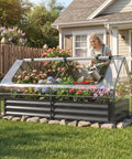 Metal Raised Garden Bed With Cover And Mini Greenhouse For Outdoor Planter Boxes Two Roll Up Windows Open Ended Base Backyard Veggie Growing Bed Weatherproof Black 72 By 36 By 37 Inches with flowers and person gardening