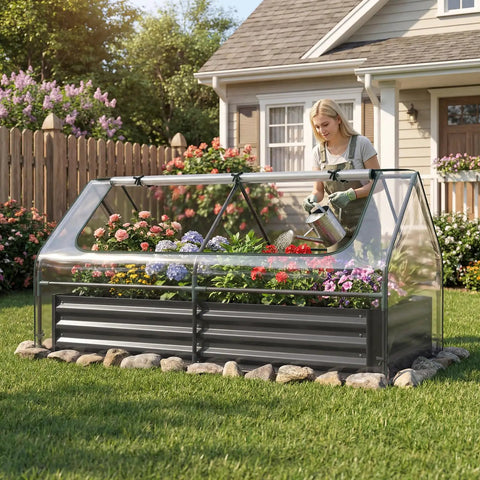 Metal Raised Garden Bed With Cover And Mini Greenhouse For Outdoor Planter Boxes Two Roll Up Windows Open Ended Base Backyard Veggie Growing Bed Weatherproof Black 72 By 36 By 37 Inches with flowers and person gardening